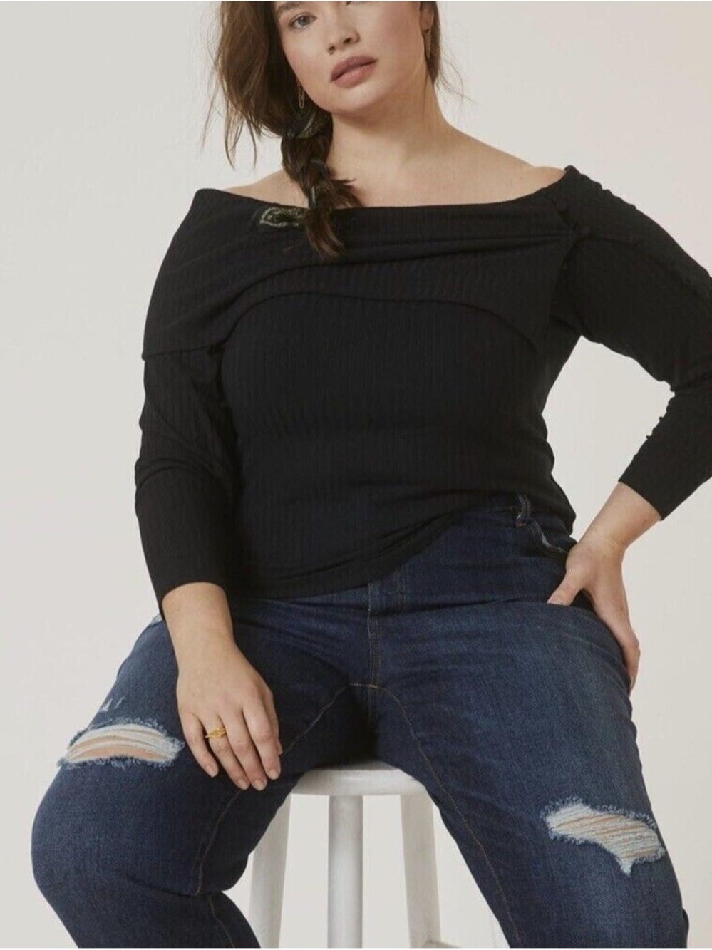 Black Off-Shoulder Ribbed Anthropologie Sweater - Women - Picture 3 of 4